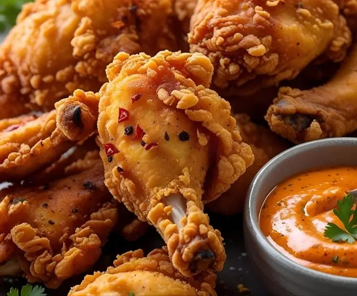 A close-up shows pieces of golden, crispy fried chicken with spicy seasoning, served with a creamy, spicy dipping sauce and topped with chopped green onions.