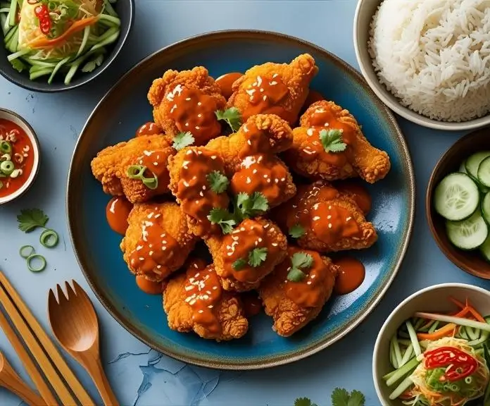 A rustic plate of crispy bang bang chicken in a creamy spicy sauce, served with jasmine rice, Asian cucumber salad, and shredded cabbage slaw, and topped with green onions and sesame seeds.