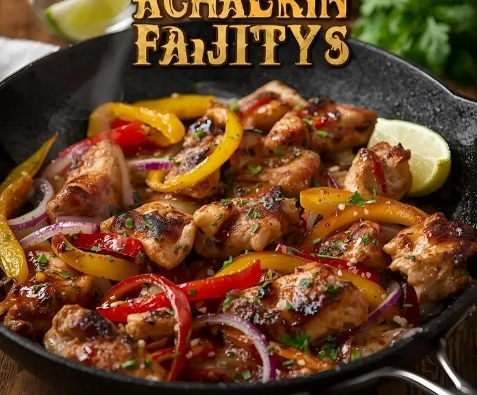 Hot chicken fajitas with colorful bell peppers and onions, topped with fresh lime and herbs, are served on a grill pan.