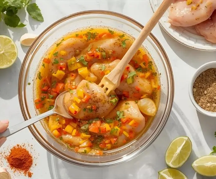 A glass bowl with bright chicken marinade and raw chicken pieces being brushed. Fresh lime, garlic, and spices are all around it.