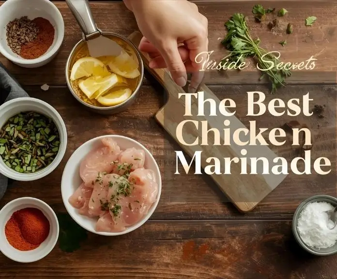 A wooden surface with a variety of bowls of fresh herbs, spices, olive oil, and citrus slices. Someone is sprinkling herbs on raw chicken by hand.