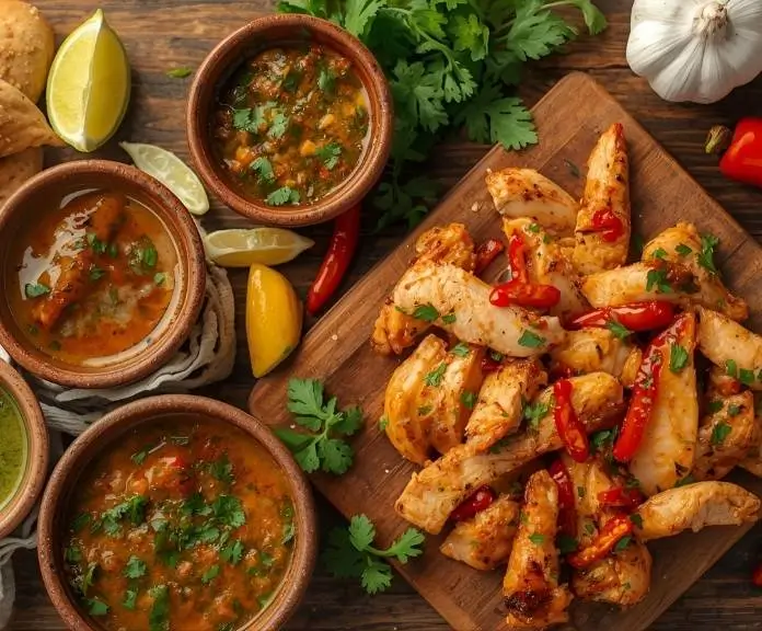 Different colorful homemade chicken fajita marinades in bowls, with fresh lime, garlic, chili peppers, and herbs all around them. The marinated chicken is on a cutting board.