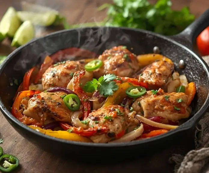 A hot skillet with cooked chicken fajitas, bell peppers, and onions, topped with fresh lime wedges and cilantro.