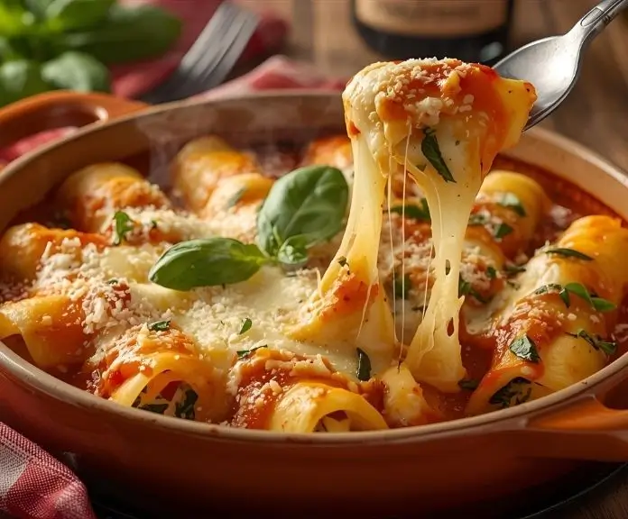A rustic ceramic dish with baked cheese manicotti stuffed with ricotta and spinach, topped with melted mozzarella and Parmesan, and fresh basil on top.