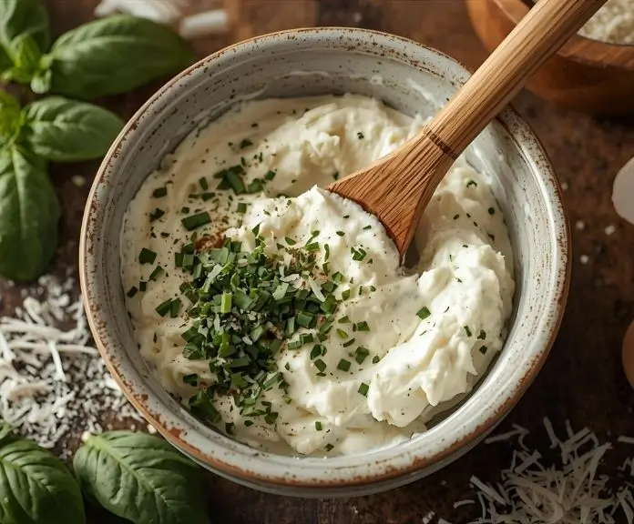 A close-up of a rustic bowl with fresh basil, eggshells, and Parmesan cheese around it. The bowl is filled with a creamy mixture of ricotta and mozzarella cheese.