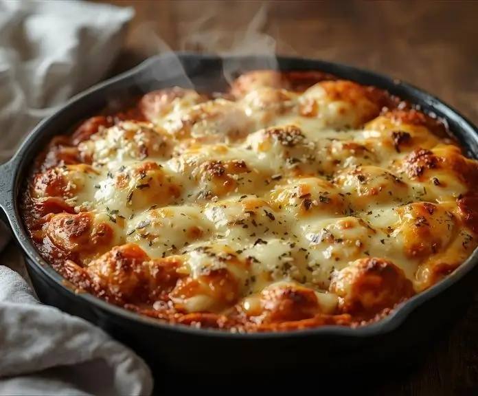 Freshly baked cheese manicotti in a ceramic dish with a bubbling, golden mozzarella and Parmesan cheese topping. It comes straight from the oven.