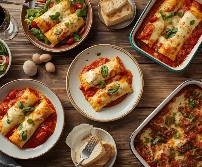 There are different kinds of cheese manicotti, such as classic, spinach-stuffed, and meat-filled. They come with garlic bread, salad, and red wine.