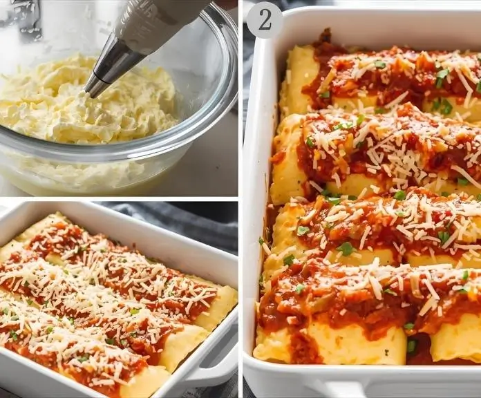 A collage of boiling manicotti pasta, filling tubes with cheese, and a baking dish with stuffed manicotti topped with marinara sauce and melted cheese.