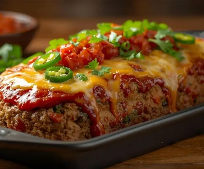 A rustic platter with freshly baked taco meatloaf topped with melted cheese, salsa, jalapeños, and cilantro.