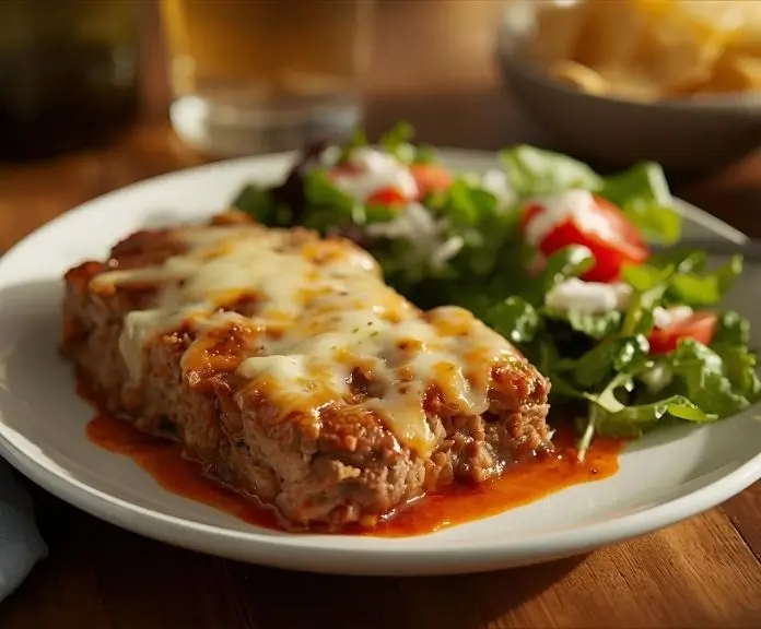 Easy taco meatloaf with melted cheese and a fresh salad is a great dinner for a busy weeknight.