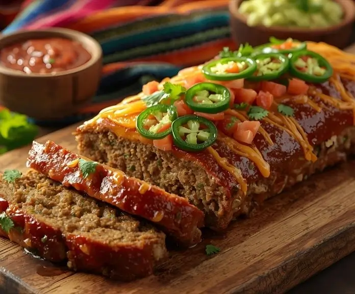 Mexican taco meatloaf slices with cheese, jalapeños, diced tomatoes, and cilantro on top, served with salsa and guacamole.