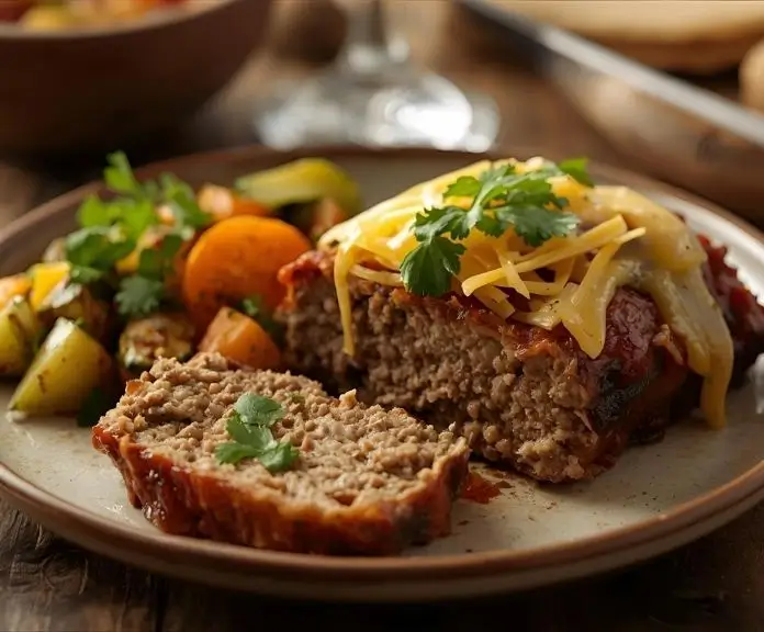 Ground beef taco meatloaf sliced and topped with melted cheese and fresh cilantro, with roasted vegetables on the side.
