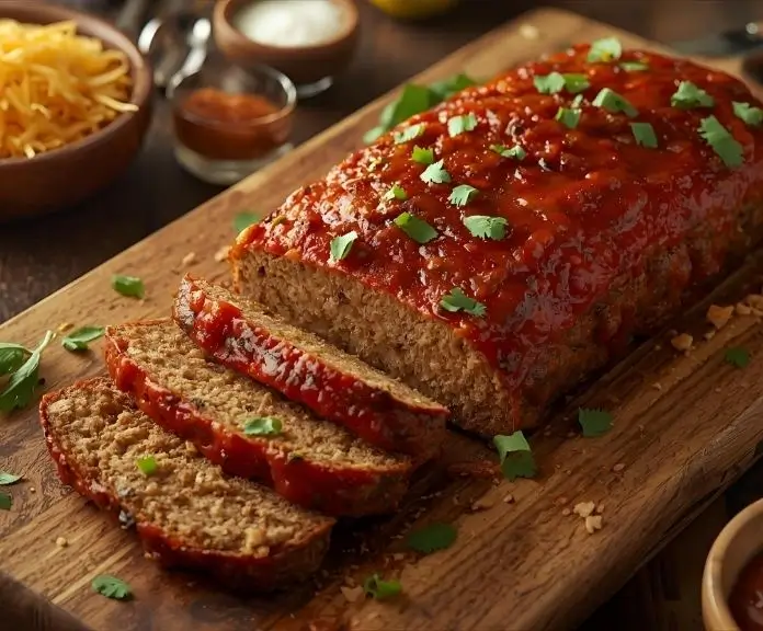 A wooden board with perfectly cooked taco meatloaf slices, taco seasoning spices, shredded cheese, and fresh salsa around it.