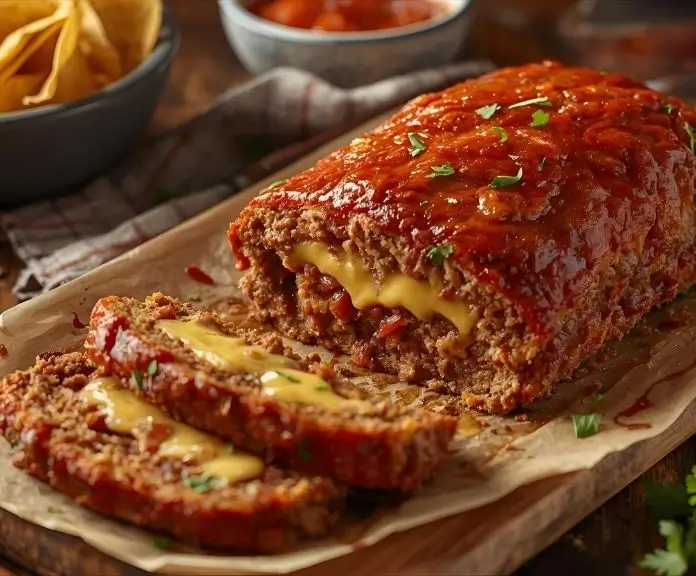 Easy taco meatloaf, sliced, topped with salsa and tortilla chips, melted cheese, taco seasoning, and fresh cilantro.