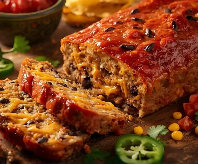 sliced Mexican taco meatloaf with salsa, corn, black beans, and melted cheddar cheese, encircled by crushed tortilla chips, cilantro, and fresh jalapeños.