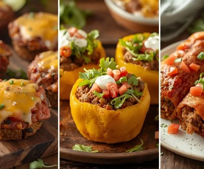 On a wooden table are mini taco meatloaf muffins, taco meatloaf-filled bell peppers, and taco meatloaf wraps with fresh toppings.