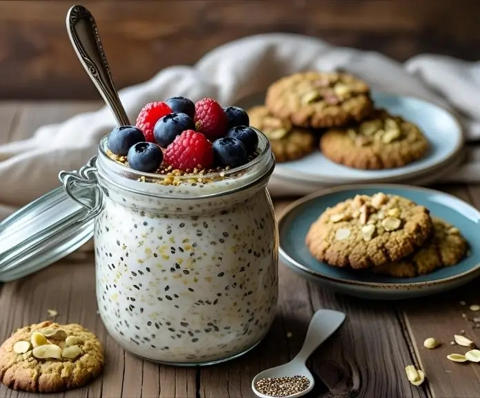 A plate of healthy homemade cookies sits next to a glass jar filled with creamy Overnight Oats with Yogurt topped with fresh berries and chia seeds on a wooden table.