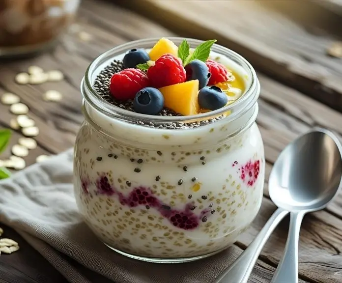 On a rustic wooden table, there is a glass jar filled with creamy overnight oats with Yogurt that are topped with fresh berries, chia seeds, and honey.