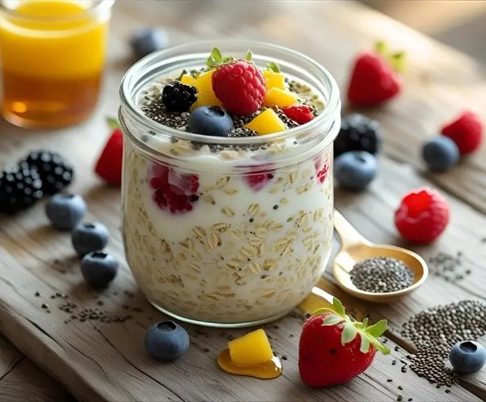 A glass jar full of creamy, healthy overnight oats with Yogurt with fresh berries, chia seeds, and honey on a rustic wooden table with natural light.