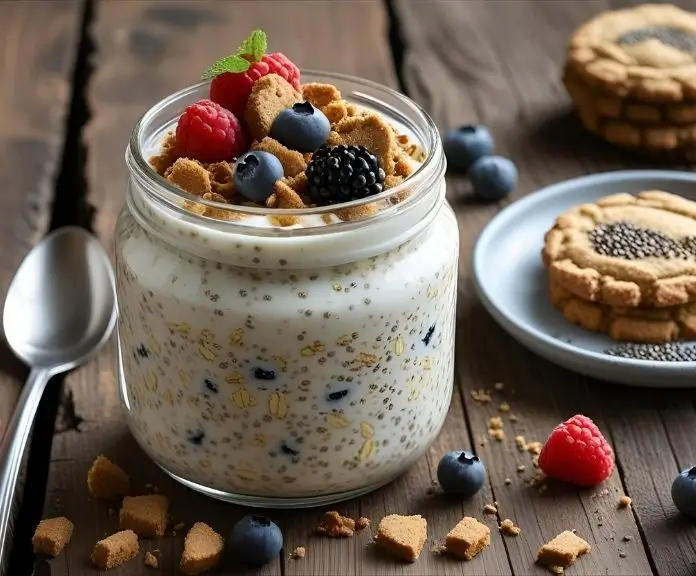 A plate of healthy homemade cookies sits on a wooden table next to a glass jar of creamy yogurt overnight oats with cookie crumbles, fresh berries, and chia seeds on top.