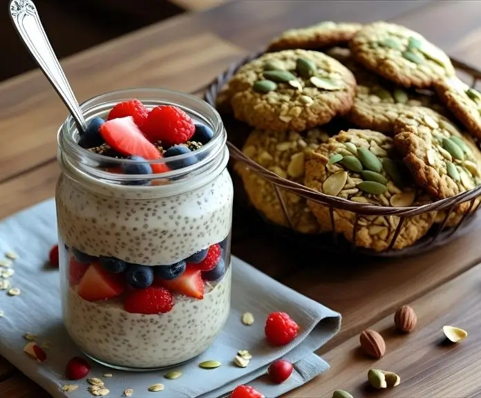 A plate of healthy cookies next to a glass jar of creamy overnight oats with fresh fruit and chia seeds on top. The table is made of wood and has natural light coming in.