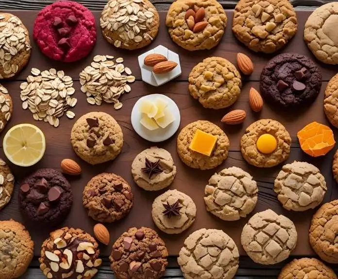A rustic wooden board with a variety of freshly baked healthy cookies, such as oatmeal, almond flour, and low-sugar cookies, surrounded by natural baking ingredients.