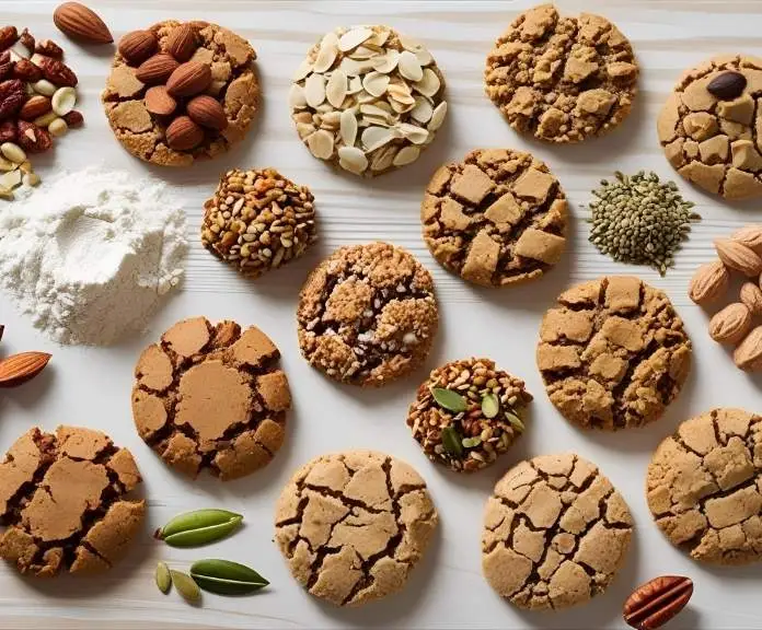 A selection of healthy gluten-free cookies made with almond flour, coconut flour, and buckwheat flour, served on a light surface with nuts, seeds, and dried fruits around them.