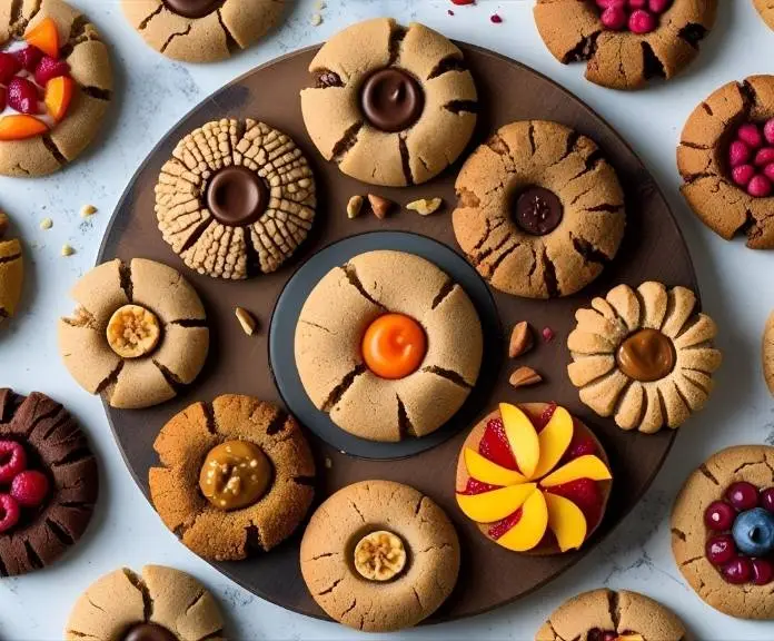 A colorful mix of vegan healthy cookies, like chocolate chip, snickerdoodle, and thumbprint cookies, with nuts, seeds, and fresh berries on a rustic wooden board.