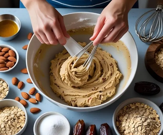 Mixing healthy cookie dough by hand with whole foods like almond flour, oats, nuts, and natural sweeteners on a rough wooden surface.