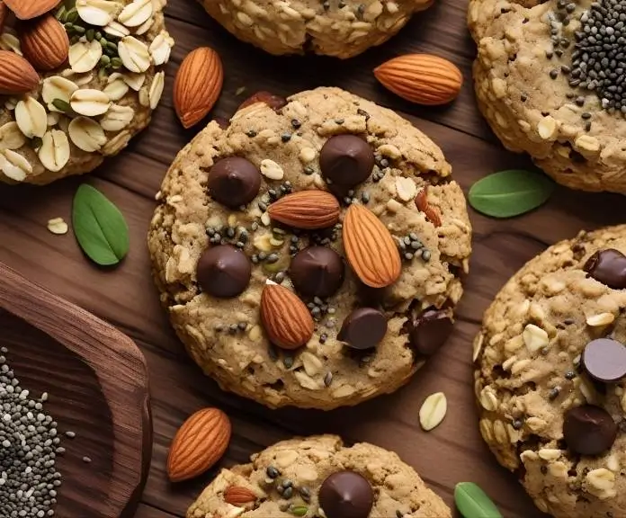 A rustic wooden board holds a colorful and cozy display of different healthy cookies, such as oatmeal, almond flour, and chocolate chip, topped with chia seeds and nuts.