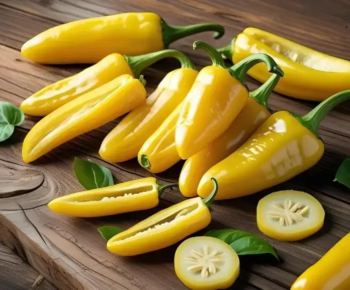 A wooden board with whole and sliced banana peppers on it shows health benefits that experts recommend, such as boosting immunity, heart health, and digestion.