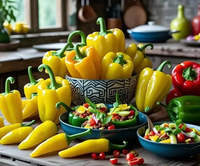 On a wooden table, there are fresh banana peppers, a bowl of stuffed banana peppers, and a vibrant salad.