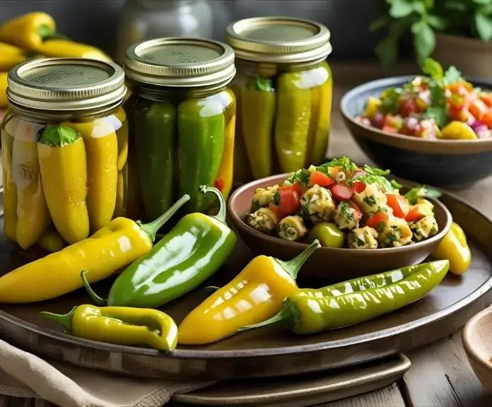 A variety of homemade banana pepper dishes, such as stuffed banana peppers on a wooden tray, pickled banana peppers in glass jars, and a vibrant bowl of banana pepper salsa.