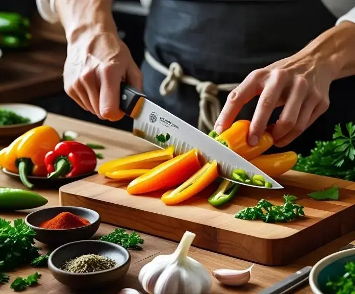 In a light-filled kitchen, fresh banana peppers are being sliced on a wooden cutting board with herbs and spices close by.