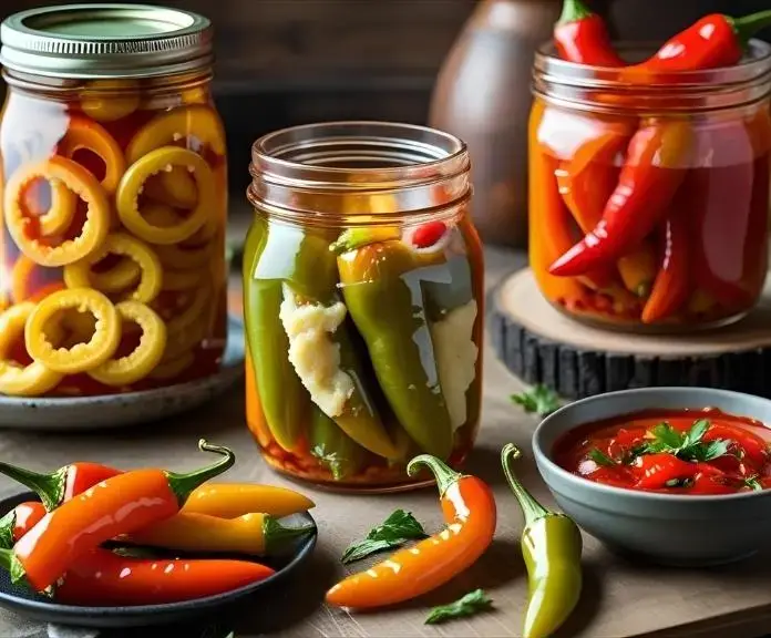 A bowl of vibrant banana pepper hot sauce, stuffed banana peppers with cheese on top, and pickled banana pepper rings in a jar are among the spicy banana pepper dishes.
