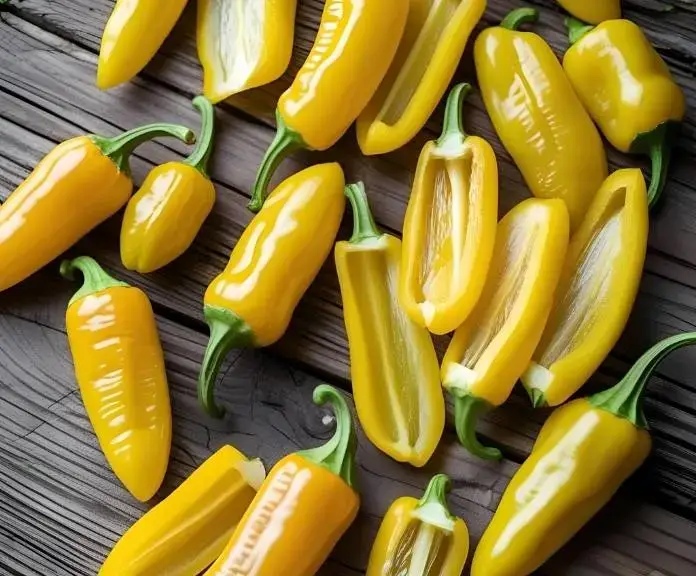 Whole and sliced yellow banana peppers on a wooden surface, showing how they can help your immune system, digestion, and heart health.