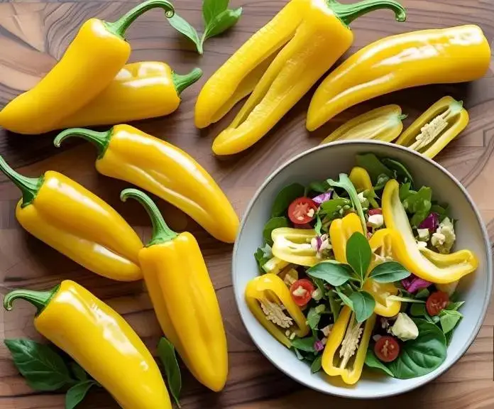 A wooden board with fresh whole and sliced bright yellow banana peppers and a salad shows how they can help with things like boosting metabolism, controlling weight, and keeping skin healthy.
Fresh and Bright Banana Peppers Every Day