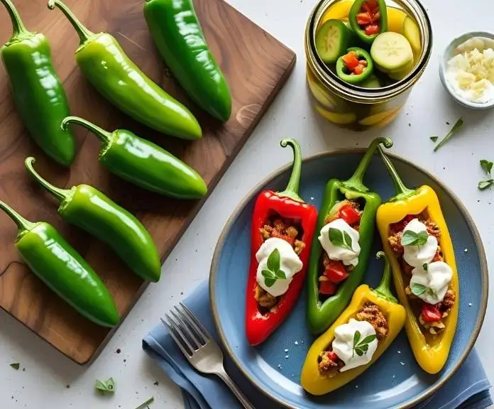There are fresh whole banana peppers, pickled banana pepper slices in a jar, and baked stuffed banana peppers on a wooden board to show you how to make easy recipes.