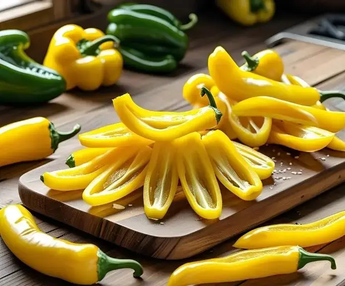 Whole and sliced fresh yellow banana peppers on a wooden board, showing off their bright color and crisp texture. They are ready to add flavor and nutrition to meals.