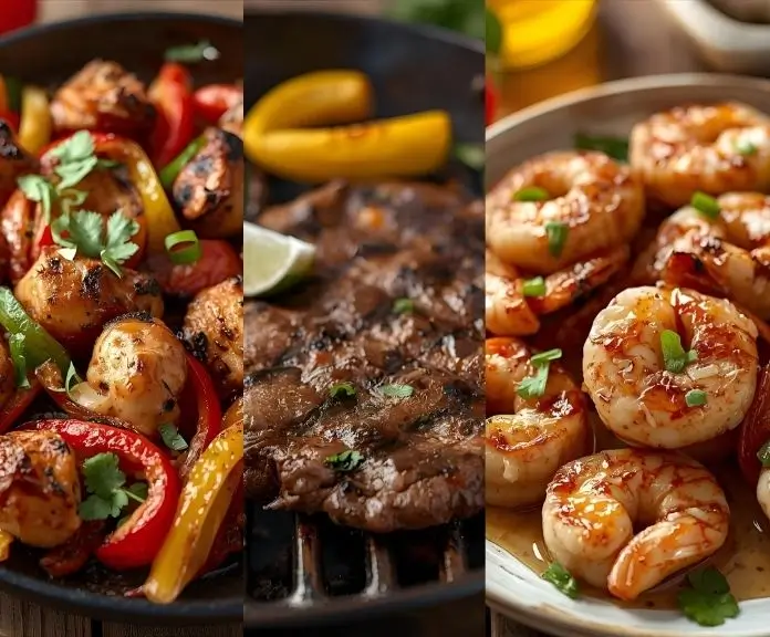 A collage of shrimp fajitas with lime, grilled chicken fajitas, and smoky steak fajitas, all with colorful bell peppers and onions.