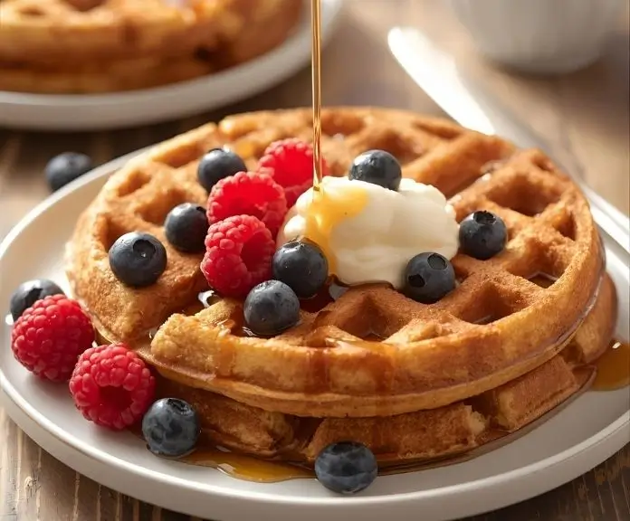 A plate of golden, fluffy protein waffles with fresh berries, Greek yogurt, and maple syrup on a rough wooden table.