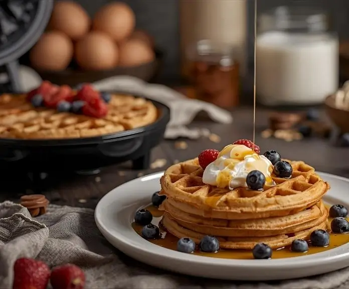 A plate of golden protein waffles topped with fresh berries and Greek yogurt on a rustic wooden table with a waffle iron and ingredients in the background.