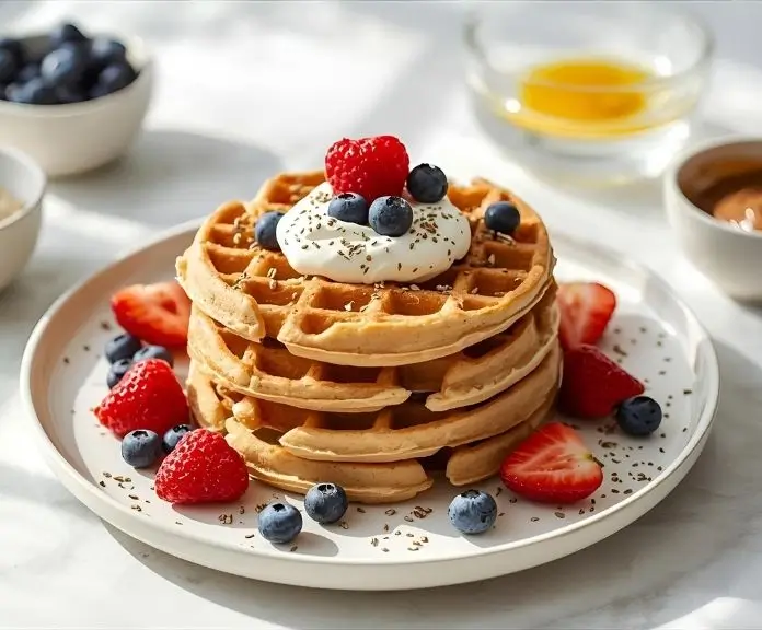 On a kitchen counter, there is a stack of healthy protein waffles with fresh berries, Greek yogurt, and seeds on top. There are also ingredients like oat flour and nut butter around them.