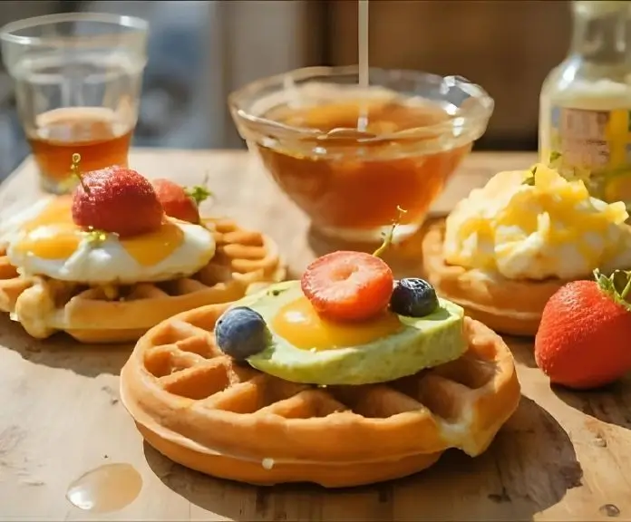 A rustic wooden table with a variety of protein waffles topped with sweet things like berries and syrup and savory things like eggs and avocado.