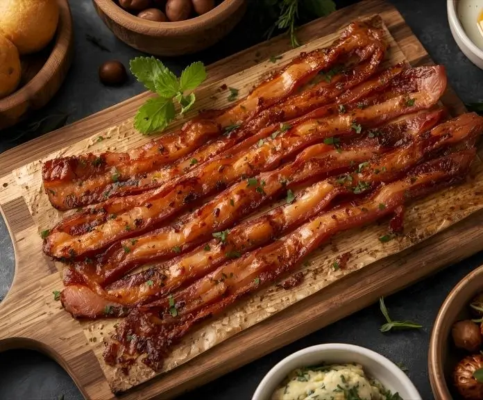 Golden slices of Canadian bacon on a wooden board with fresh herbs and breakfast foods.