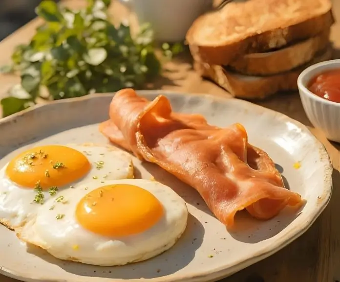 A plate of breakfast food with crispy Canadian bacon, eggs, toast, and fresh herbs in natural light.