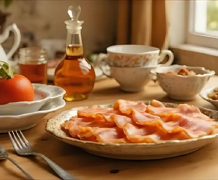 A cozy table with rustic dishes and Canadian bacon, maple syrup, and other traditional Canadian breakfast foods.