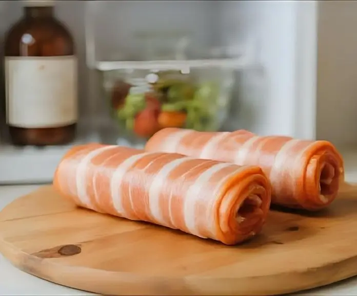 There are slices of fresh Canadian bacon on a wooden cutting board, ready to be stored. In the background, you can see a refrigerator.
