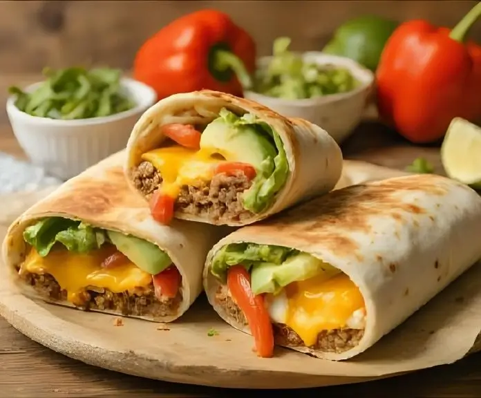 This is a close-up of a freshly cut Mexican breakfast burrito filled with scrambled eggs, chorizo, cheese, avocado, and salsa. It comes with lime wedges and salsa verde.