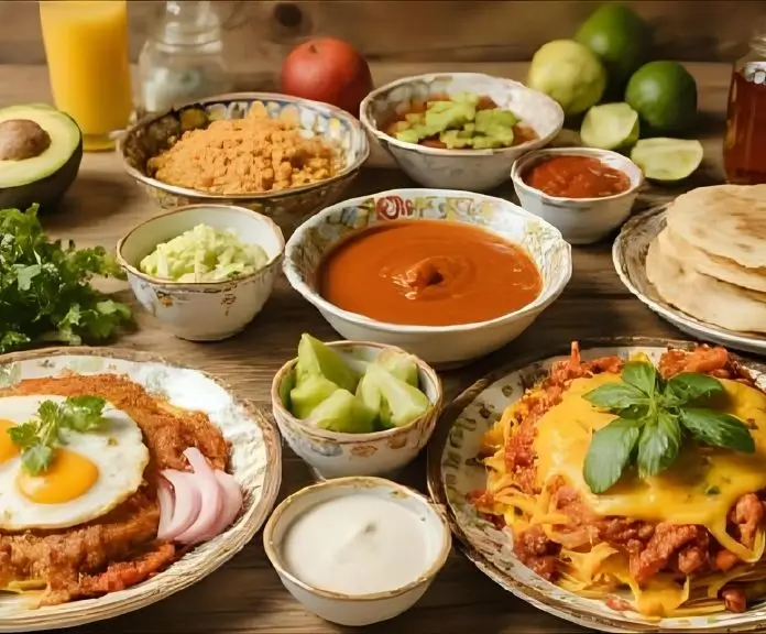 A Mexican breakfast spread with huevos rancheros, chilaquiles, refried beans, tortillas, avocado slices, and fresh salsa on top.